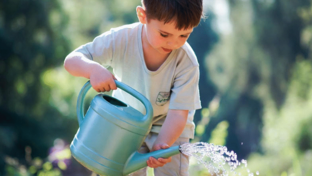 पानी देते बच्चे और दोबारा खिलते पौधे की प्रेरणादायक कला