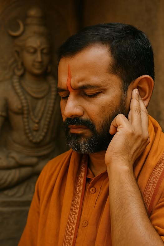 Child touching right ear in apology with ancient Sanskrit scriptures background