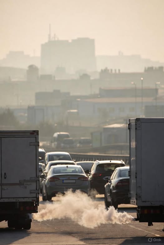 Delhi skyline in thick smog with electric auto in foreground