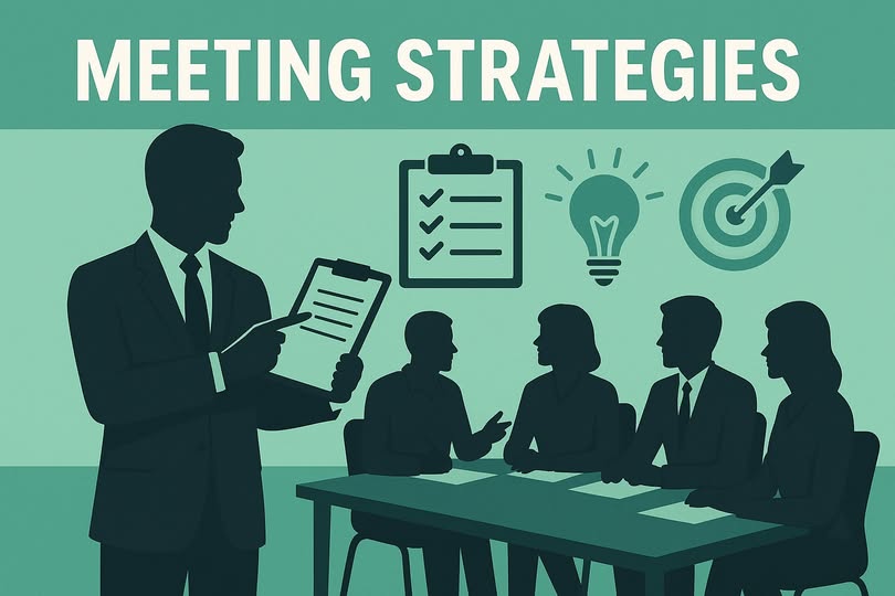 Collage of world’s top leaders – Elon Musk, Steve Jobs, Satya Nadella, Sheryl Sandberg – with clock and checklist icons showing powerful meeting strategies