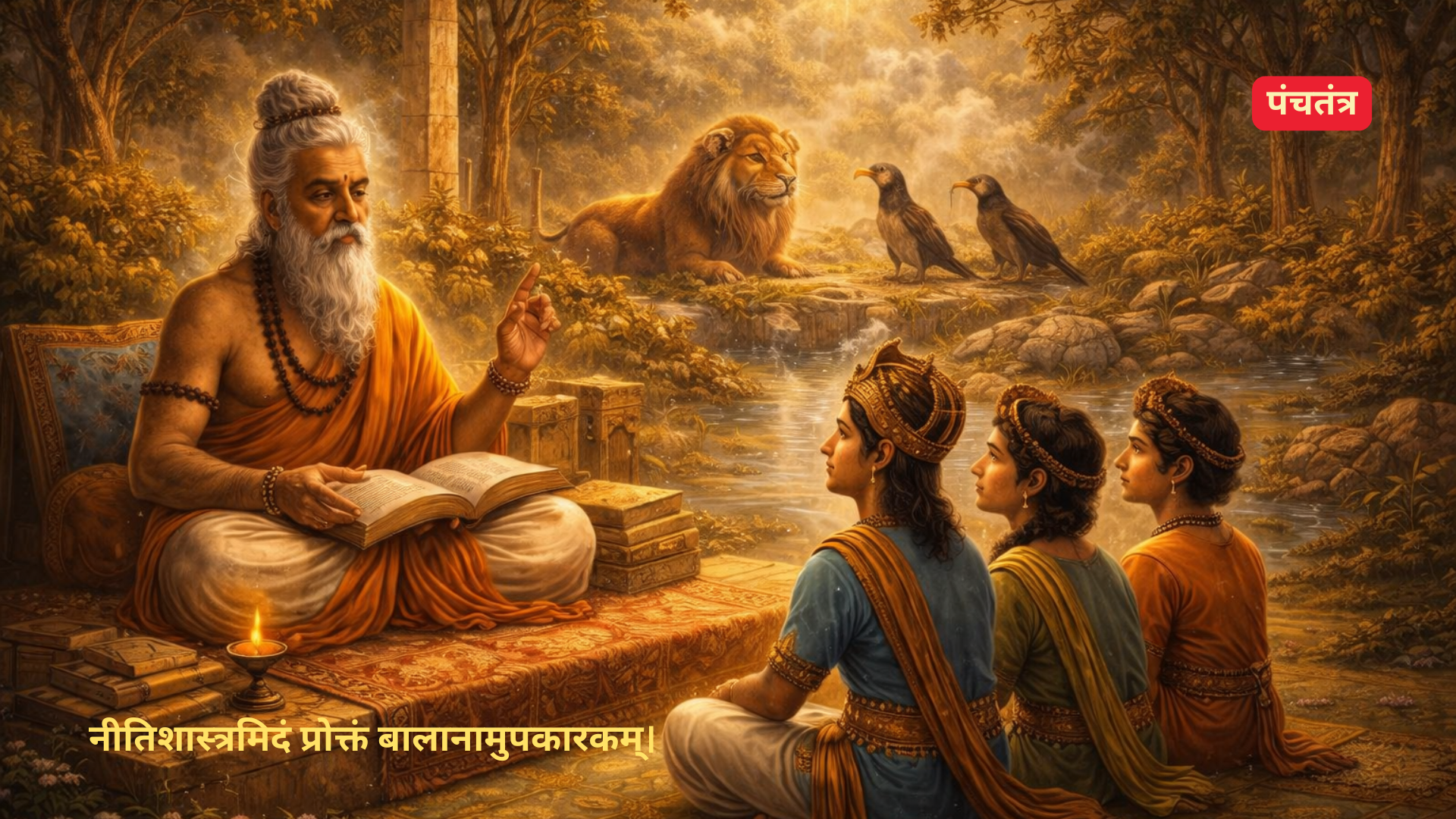 पंचतंत्र की कथाएँ सिखाते आचार्य विष्णुशर्मा और राजकुमार, भारतीय सांस्कृतिक परिवेश में