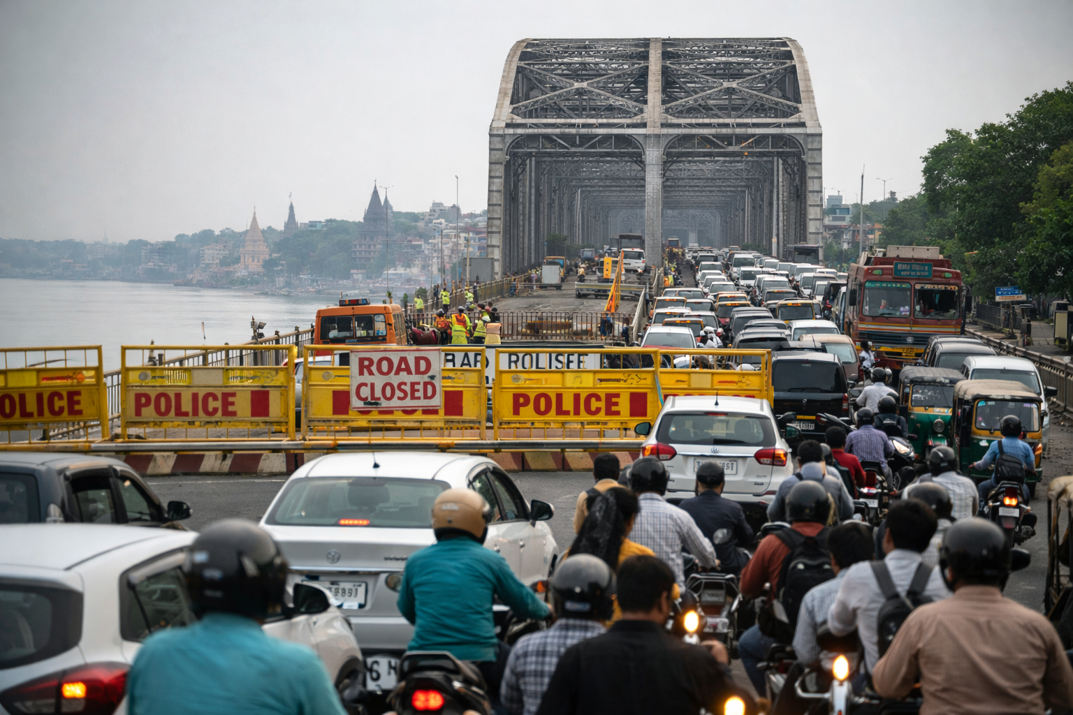 राजघाट पुल बंद होने के कारण वाराणसी में ट्रैफिक जाम