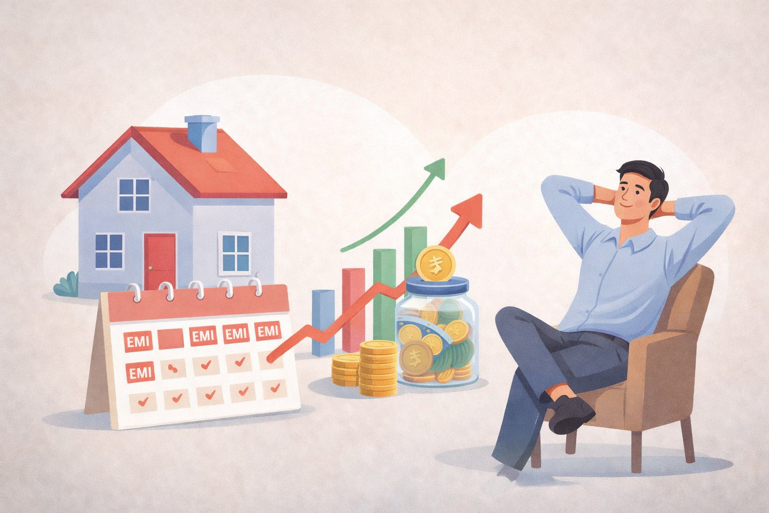 Minimal clean finance illustration showing home, EMI calendar and savings concept