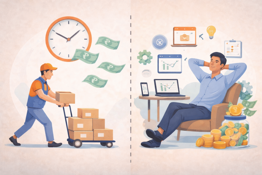 Minimal conceptual illustration showing value creation and income growth instead of selling time