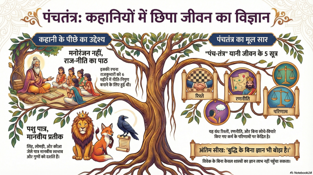 पंचतंत्र से प्रेरित यूट्यूब थंबनेल जिसमें आचार्य विष्णु शर्मा, सिंह, लोमड़ी और कौवा दिखाई देते हैं, जो जीवन की रणनीति और नीति का प्रतीक हैं।