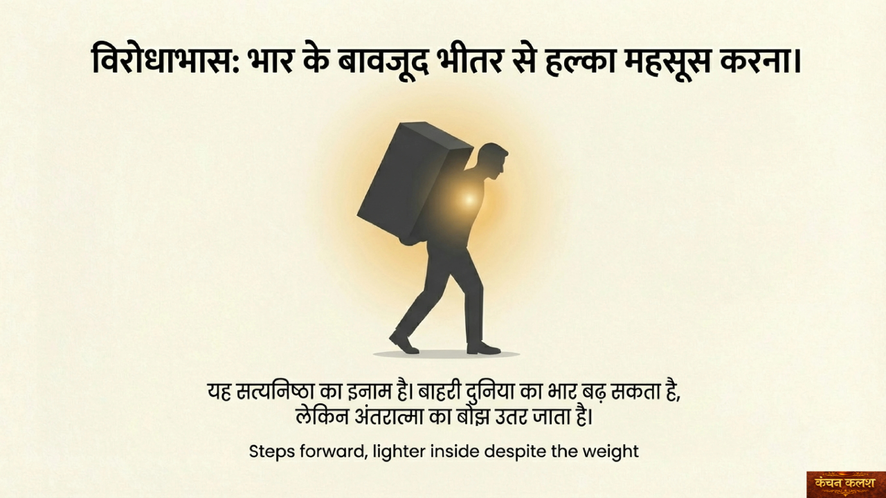 भारी बोझ उठाता व्यक्ति, भीतर प्रकाश के साथ आगे बढ़ता हुआ