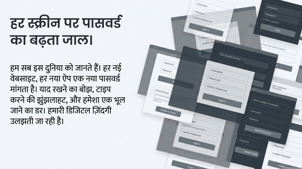 कई वेबसाइट और ऐप्स पर पासवर्ड लॉगिन स्क्रीन दिखाता दृश्य