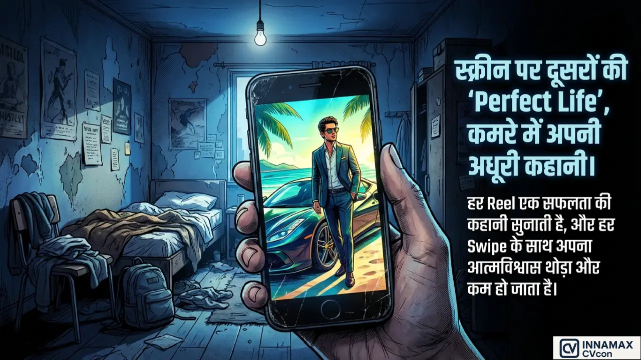 A person comparing idealised social media success images with their own uncertain personal environment.