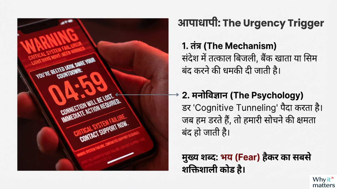 मोबाइल स्क्रीन पर चेतावनी संदेश और काउंटडाउन, डर पैदा करती डिजिटल भाषा