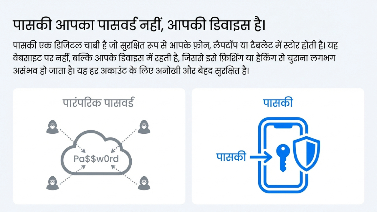 पारंपरिक पासवर्ड और पासकी के बीच तुलना दिखाता दृश्य