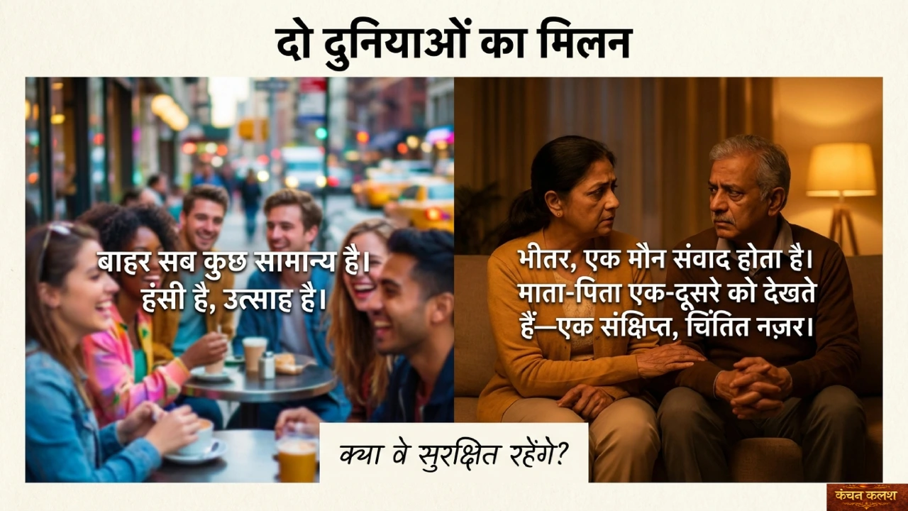 बाहर युवाओं की हँसी और अंदर माता-पिता की शांत, चिंतित बातचीत का contrast