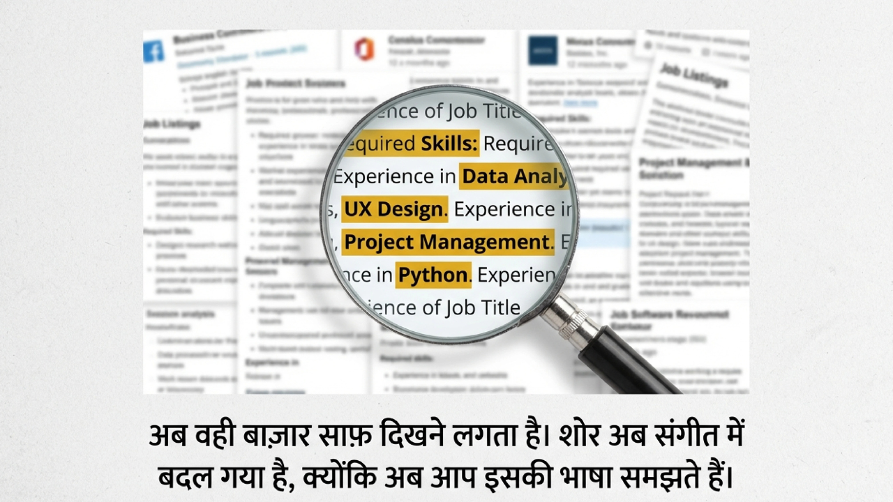 Job listings with highlighted skills like data analysis, UX design, and programming