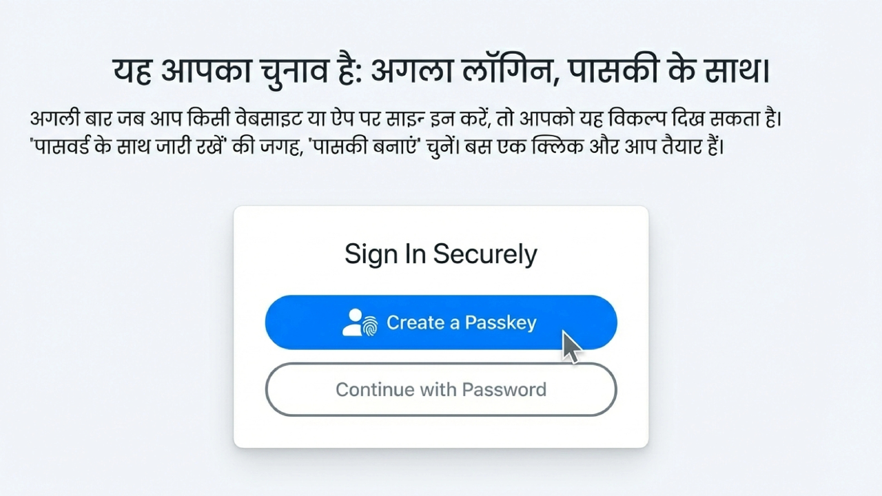Create a Passkey और Continue with Password विकल्प दिखाता लॉगिन स्क्रीन