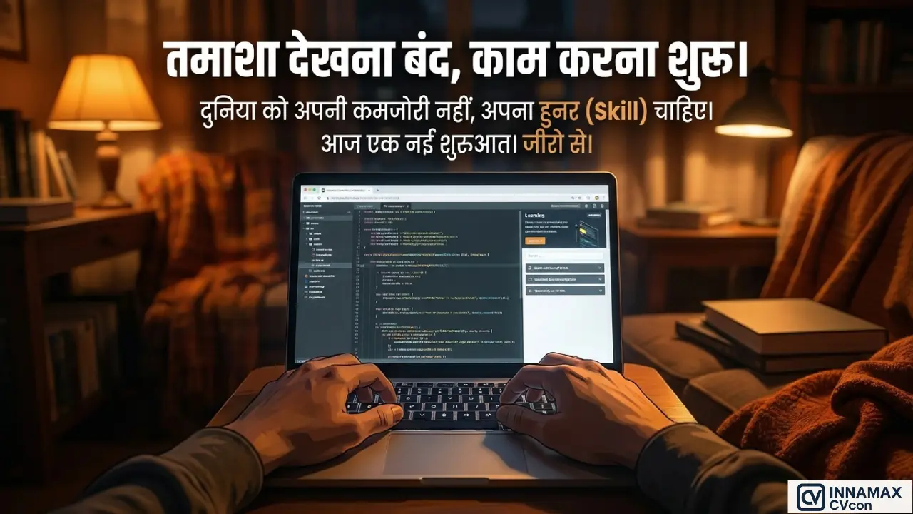 A person working late on a laptop, focused on learning or building a professional skill.