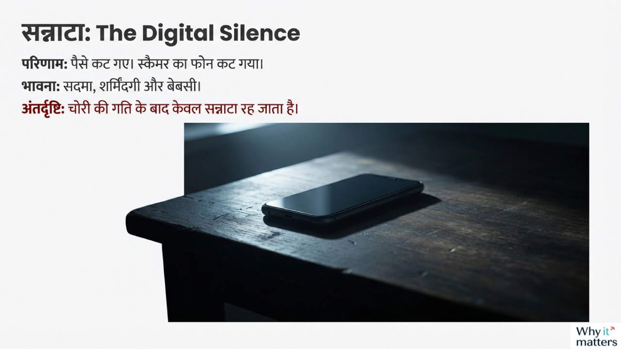 अंधेरी रोशनी में मेज़ पर रखा अकेला मोबाइल फोन, नुकसान के बाद की चुप्पी