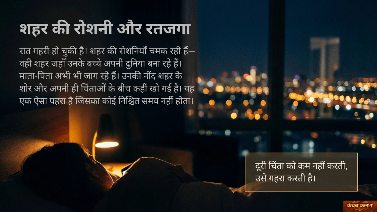 रात में जागते माता-पिता, खिड़की से दिखती शहर की रोशनी और गहरी चिंता का माहौल