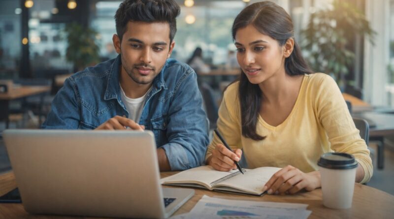 Indian youth confidently planning future career direction with laptop and notes