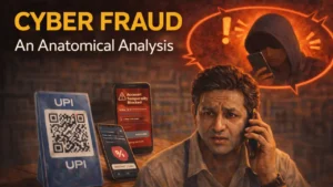 Illustration showing cyber fraud in India, with a man on a phone call, UPI QR code, scam warnings, and a shadowy scammer figure in the background.