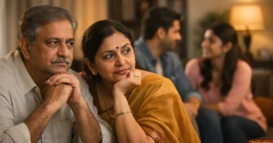 सोच में डूबे भारतीय माता-पिता, पीछे हँसते बच्चे — मौन निगरानी और प्रेम की कहानी