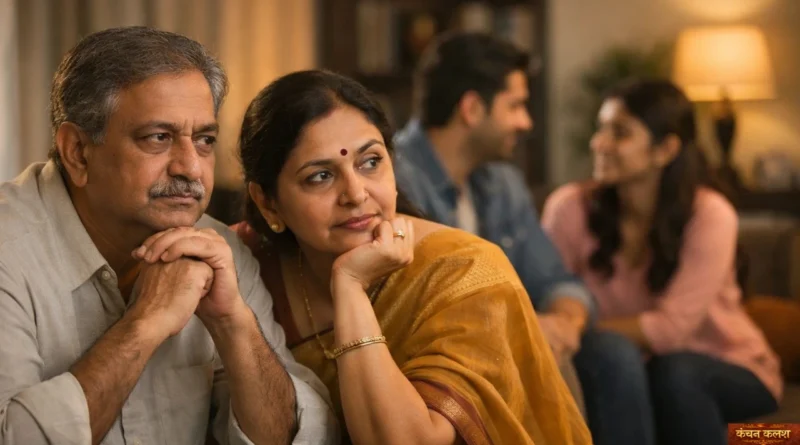 सोच में डूबे भारतीय माता-पिता, पीछे हँसते बच्चे — मौन निगरानी और प्रेम की कहानी