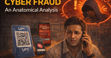 Illustration showing cyber fraud in India, with a man on a phone call, UPI QR code, scam warnings, and a shadowy scammer figure in the background.