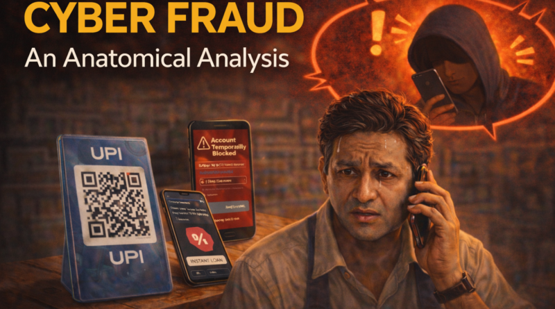 Illustration showing cyber fraud in India, with a man on a phone call, UPI QR code, scam warnings, and a shadowy scammer figure in the background.