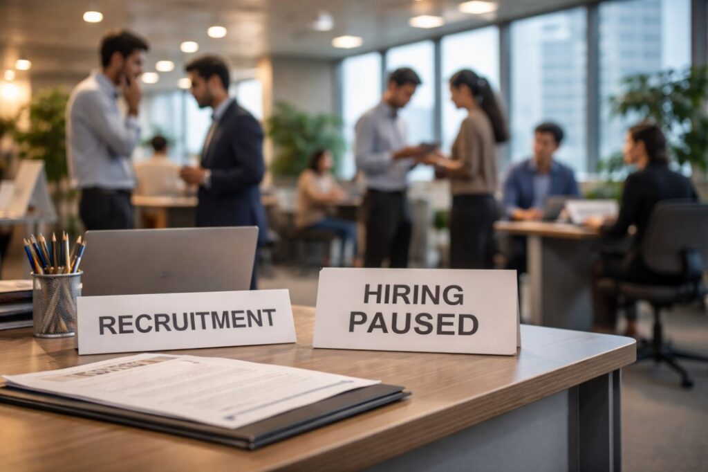 Corporate office scene in India showing paused recruitment and hiring uncertainty