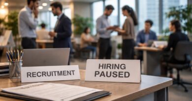 Corporate office scene in India showing paused recruitment and hiring uncertainty