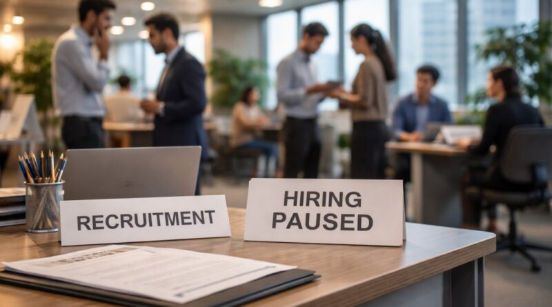 Corporate office scene in India showing paused recruitment and hiring uncertainty