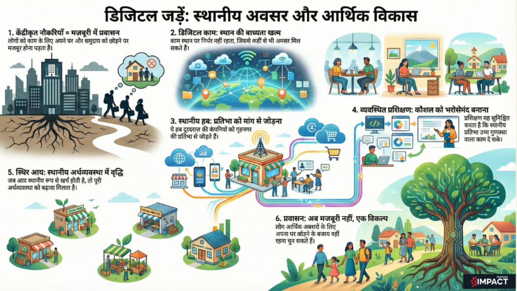 डिजिटल काम के ज़रिए स्थानीय रोजगार, प्रशिक्षण और आर्थिक विकास को समझाता हुआ infographic