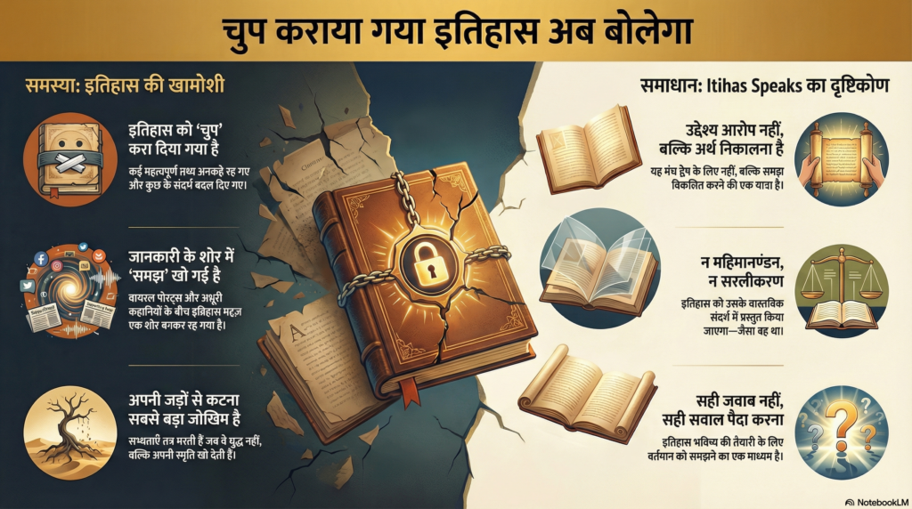 Infographic showing “इतिहास SPEAKS” with a quill pen on an ancient parchment background, symbolizing Indian history speaking.