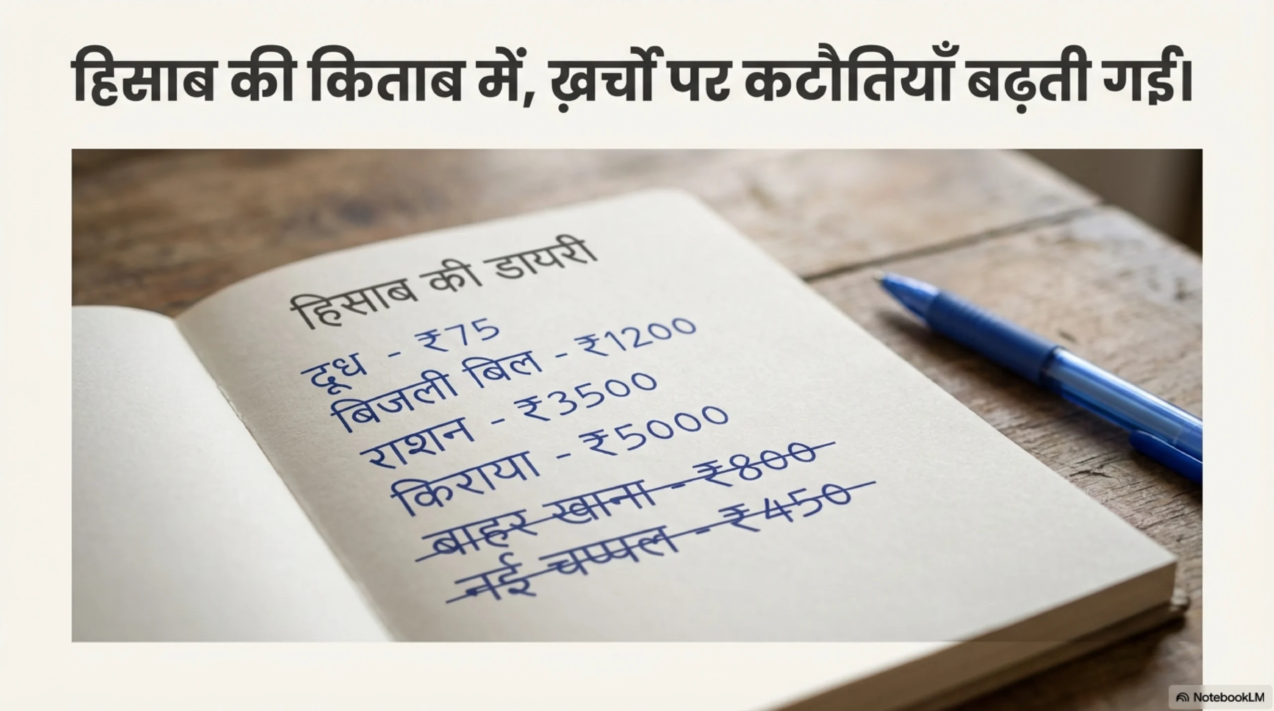 Household expense diary showing crossed-out items