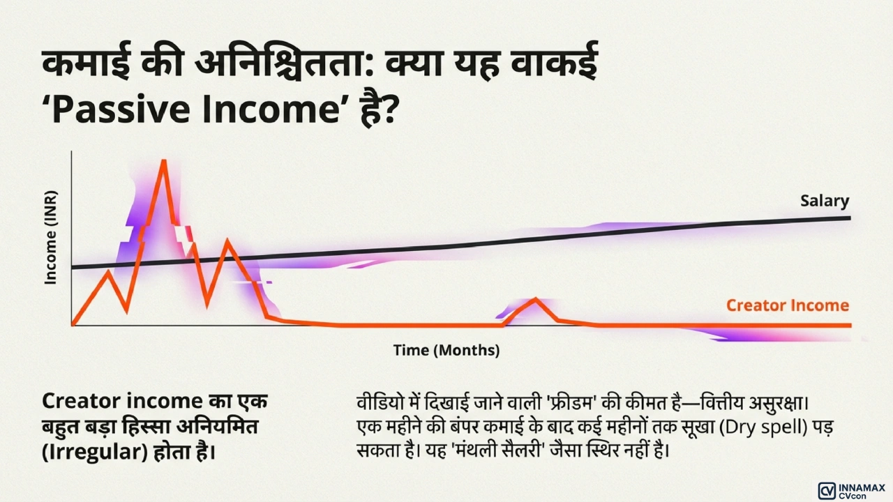 creator income की अनियमितता और salaried income की स्थिरता की तुलना करता line graph