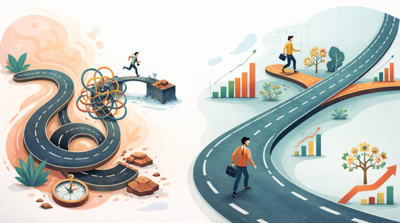 A professional appearing stressed while working in a modern office environment, reflecting pressure and uncertainty in career decisions.