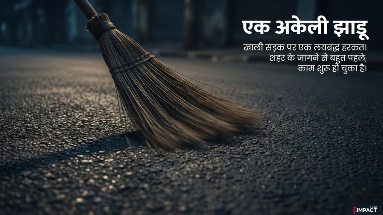 खाली सड़क पर झाड़ू का क्लोज़-अप