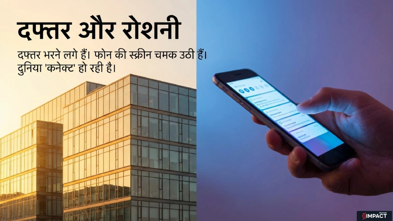 ऑफिस बिल्डिंग और मोबाइल स्क्रीन की रोशनी