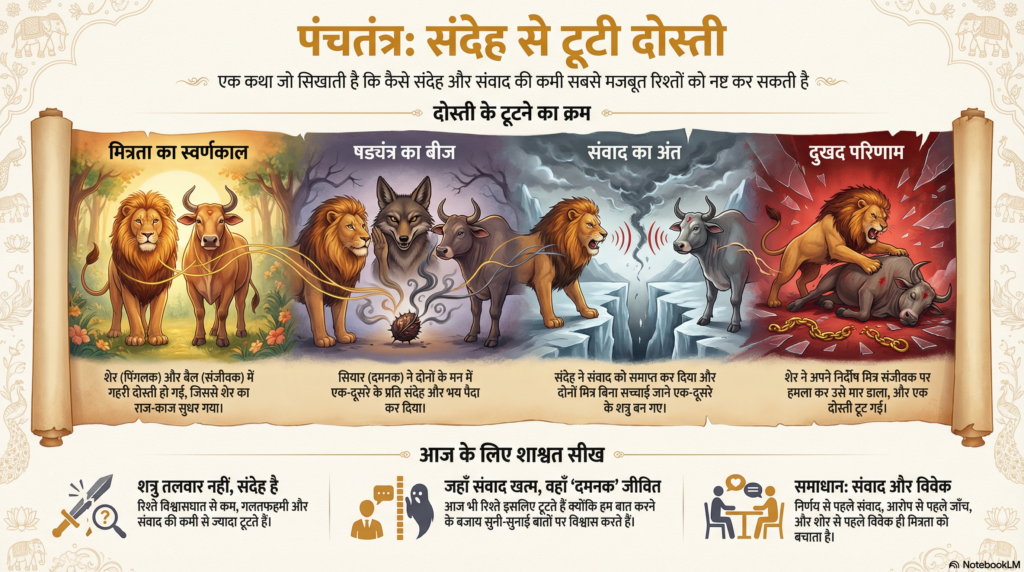 पंचतंत्र कथा का दृश्य जिसमें जंगल का राजा सिंह पिंगलक, अकेला बैल संजिवक और चालाक सियार दमनक दिखाए गए हैं, जो मित्रता, संदेह और षड्यंत्र का प्रतीक हैं।