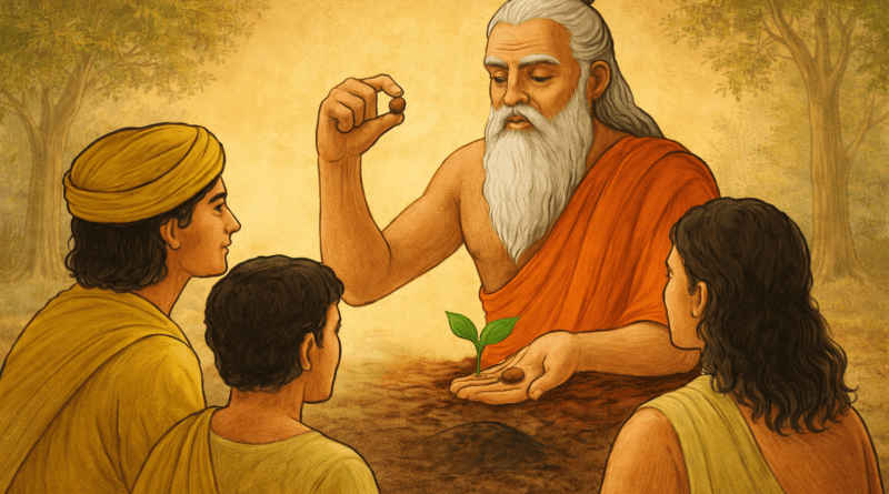 उपनिषदों से प्रेरित दो बीजों की कथा का प्रतीकात्मक चित्र