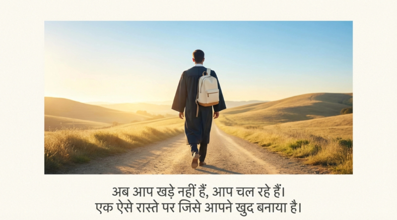 A young graduate walking alone on an open road symbolising career transition beyond a traditional degree.