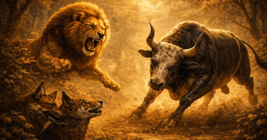 पंचतंत्र की मित्रभेद कथा में सिंह और बैल की मित्रता का दृश्य