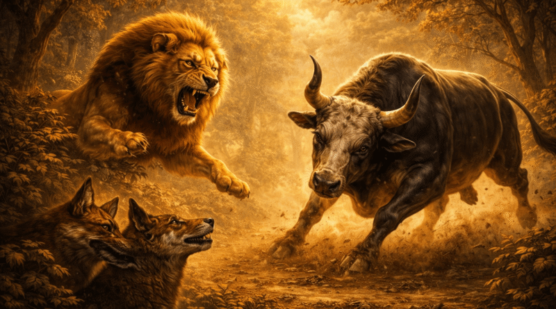 पंचतंत्र की मित्रभेद कथा में सिंह और बैल की मित्रता का दृश्य