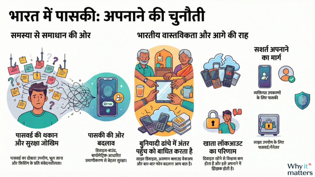 भारत में passkey अपनाने के फायदे और चुनौतियाँ दिखाता Infographic