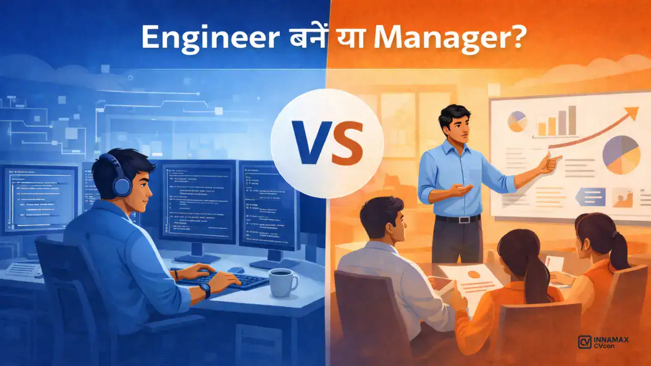 “Side-by-side comparison chart showing engineering IC track (Software Engineer to Principal Engineer) versus management track (Team Lead to VP Engineering) with milestone markers”