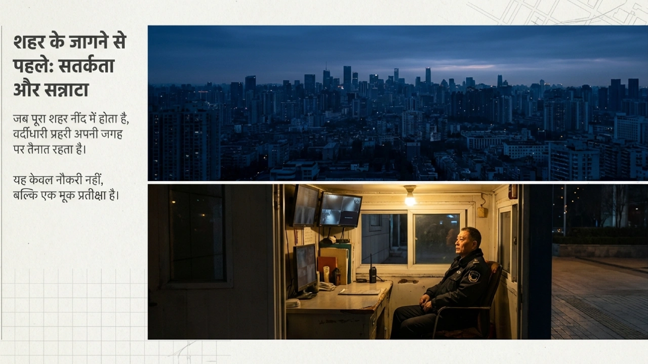भोर से पहले शहर का दृश्य और चौकी में बैठा निजी सुरक्षा गार्ड