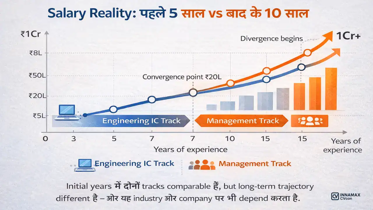 “Line graph comparing salary progression from 0-15 years experience for engineering IC track versus management track in Indian tech industry, showing convergence at mid-level and divergence at senior levels”