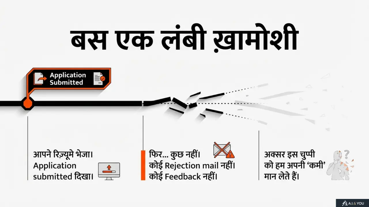 आवेदन सबमिट होने के बाद कोई कॉल या ईमेल न आने की स्थिति, लंबी ख़ामोशी दर्शाता दृश्य