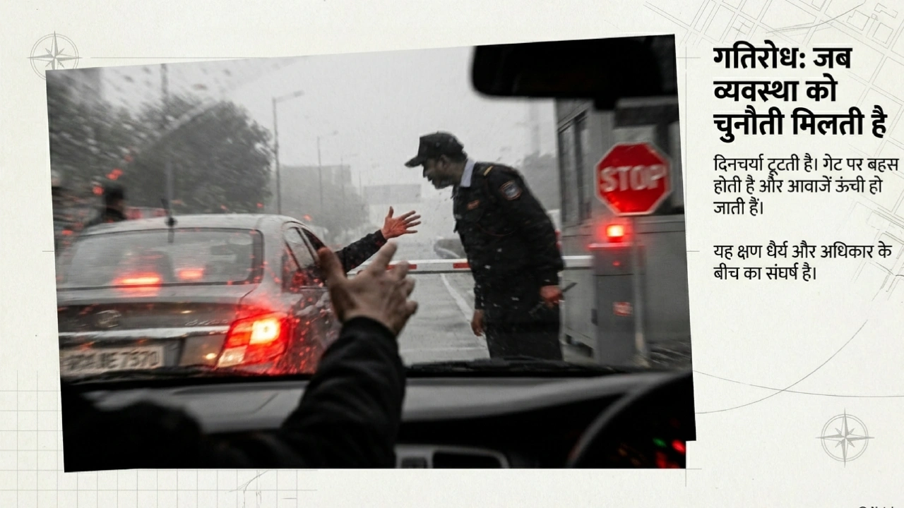 बारिश में वाहन रोकता निजी सुरक्षा गार्ड, व्यवस्था और असहमति के बीच तनाव