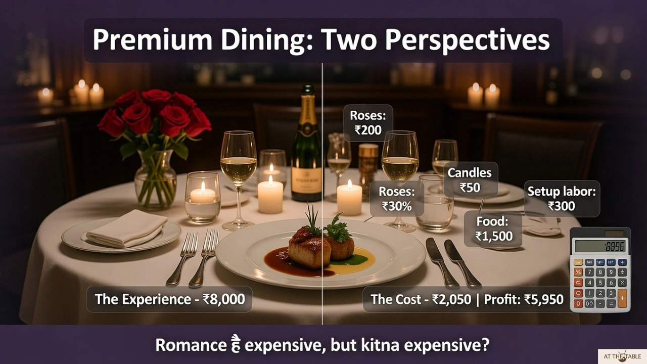 Romantic restaurant table showing ₹5,000 Valentine dinner cost and restaurant profit percentage