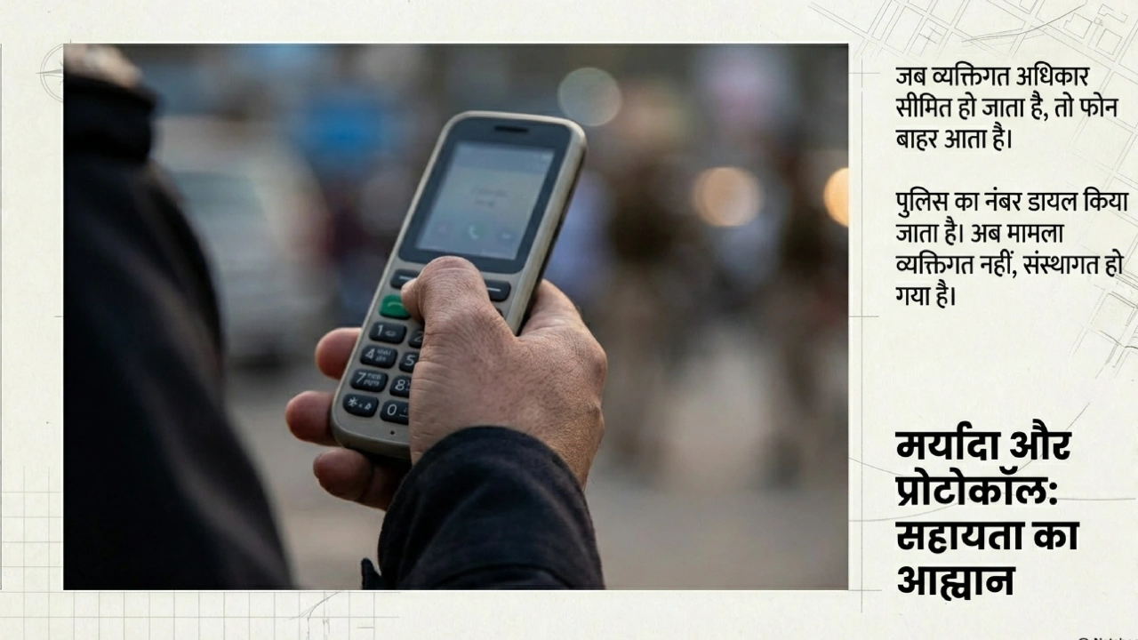 मोबाइल फोन पर पुलिस को सूचना देता निजी सुरक्षा गार्ड