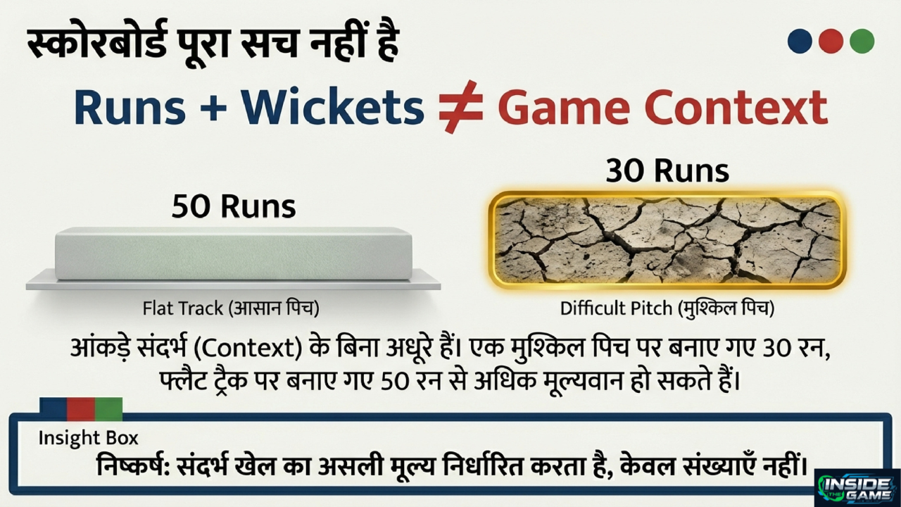 Comparison graphic showing 50 runs on an easy pitch versus 30 runs on a difficult pitch to explain why numbers alone do not reflect match context.